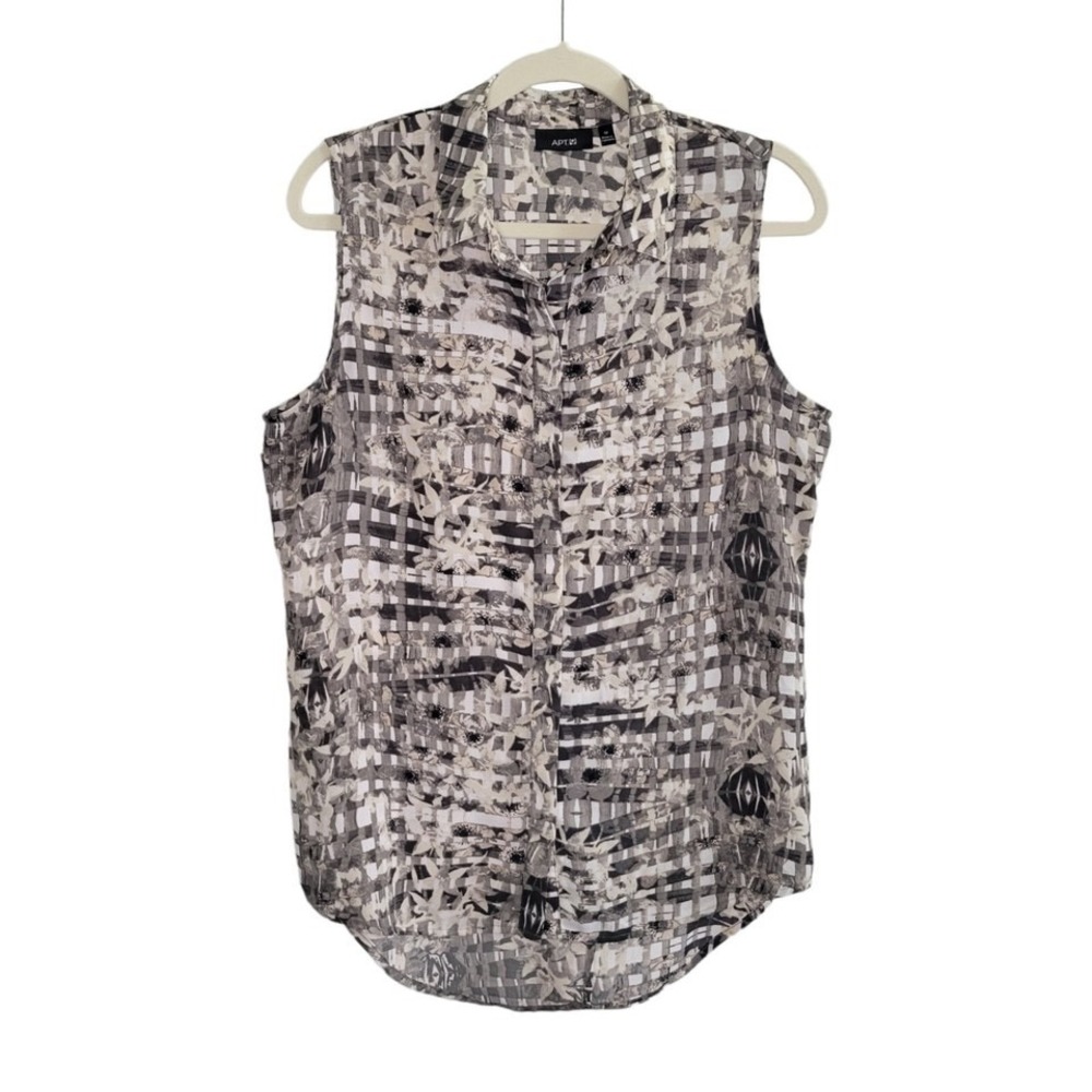 Apt. 9 Sleeveless Button-Up Collared Blouse w/ Back Slit Women's Size M Gray Tan